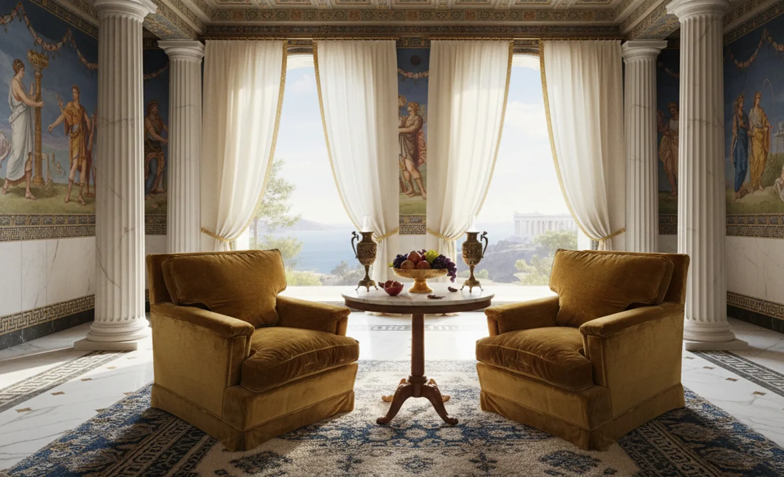 Duas poltronas antigas de estilo Art Deco em um ambiente elegante com cortinas brancas e uma atmosfera aconchegante.