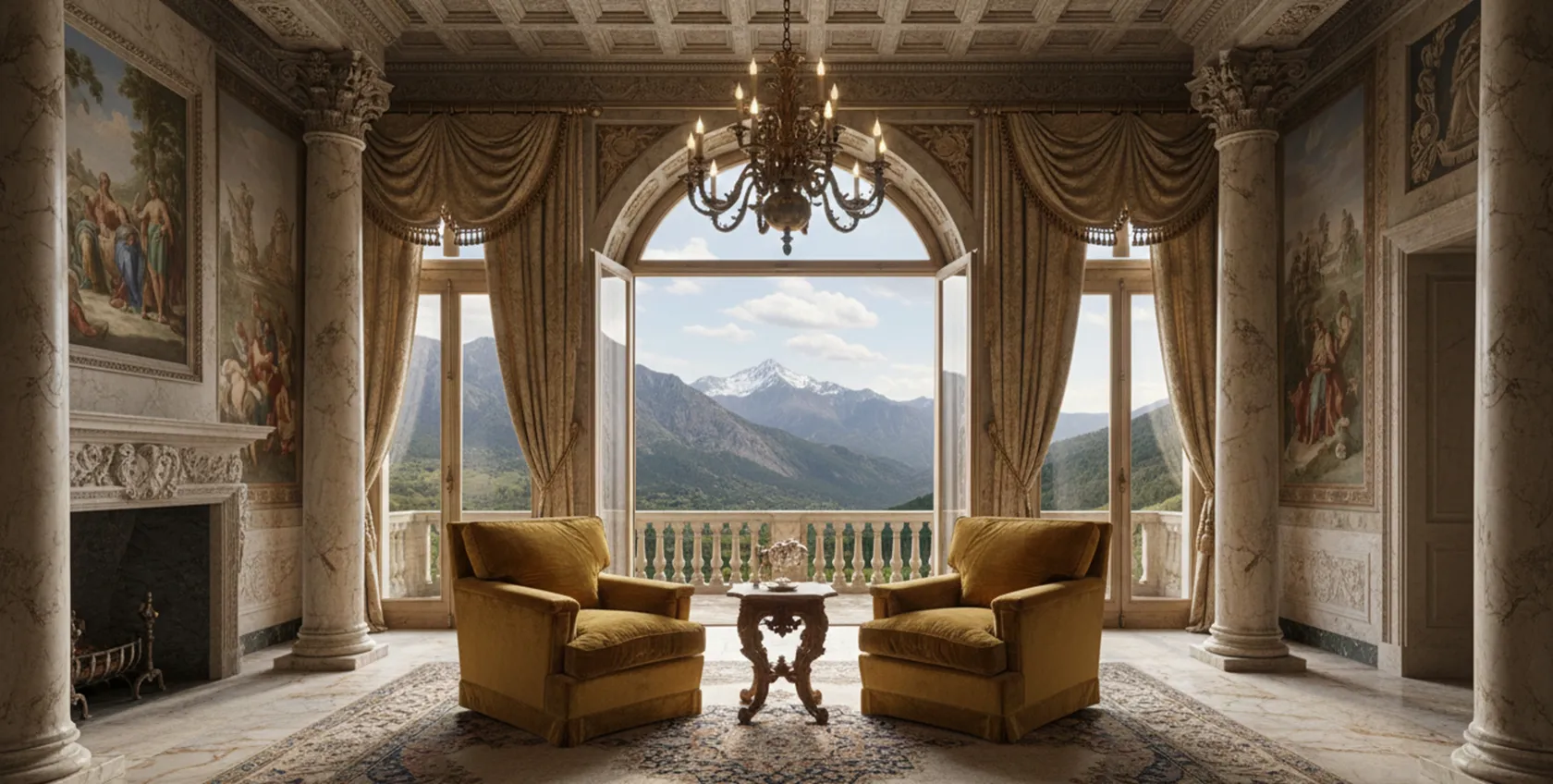 dos sillones antiguos en color mostaza, en una hermosa sala con vistas a las montañas, decorados con cortinas elegantes