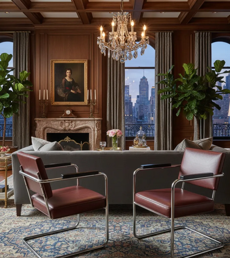 Two antique brown armchairs in stylish room with chandelier