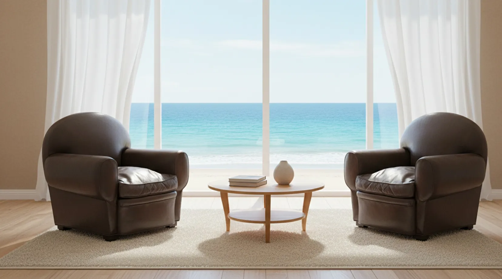 Dos sillones antiguos de Ruhlmann en una habitación luminosa con vista al mar.