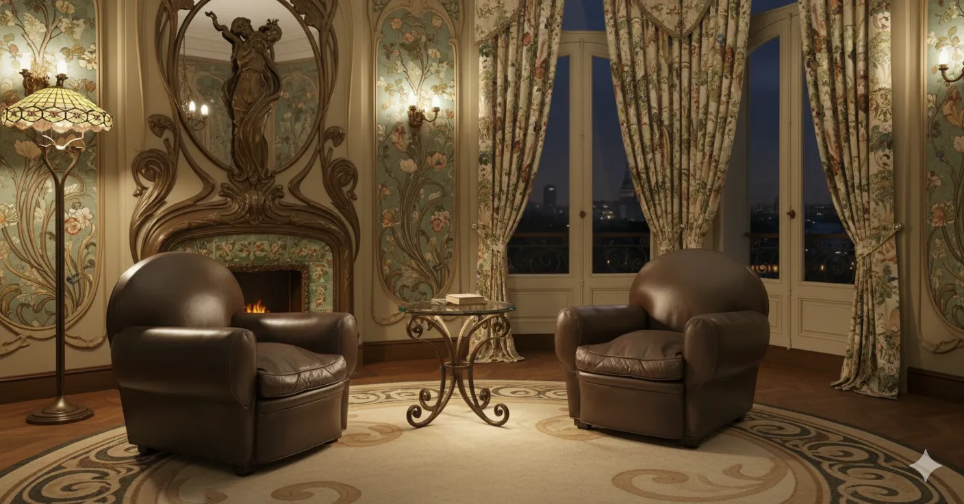 dos sillones antiguos en un salón elegante con espejo y lámpara