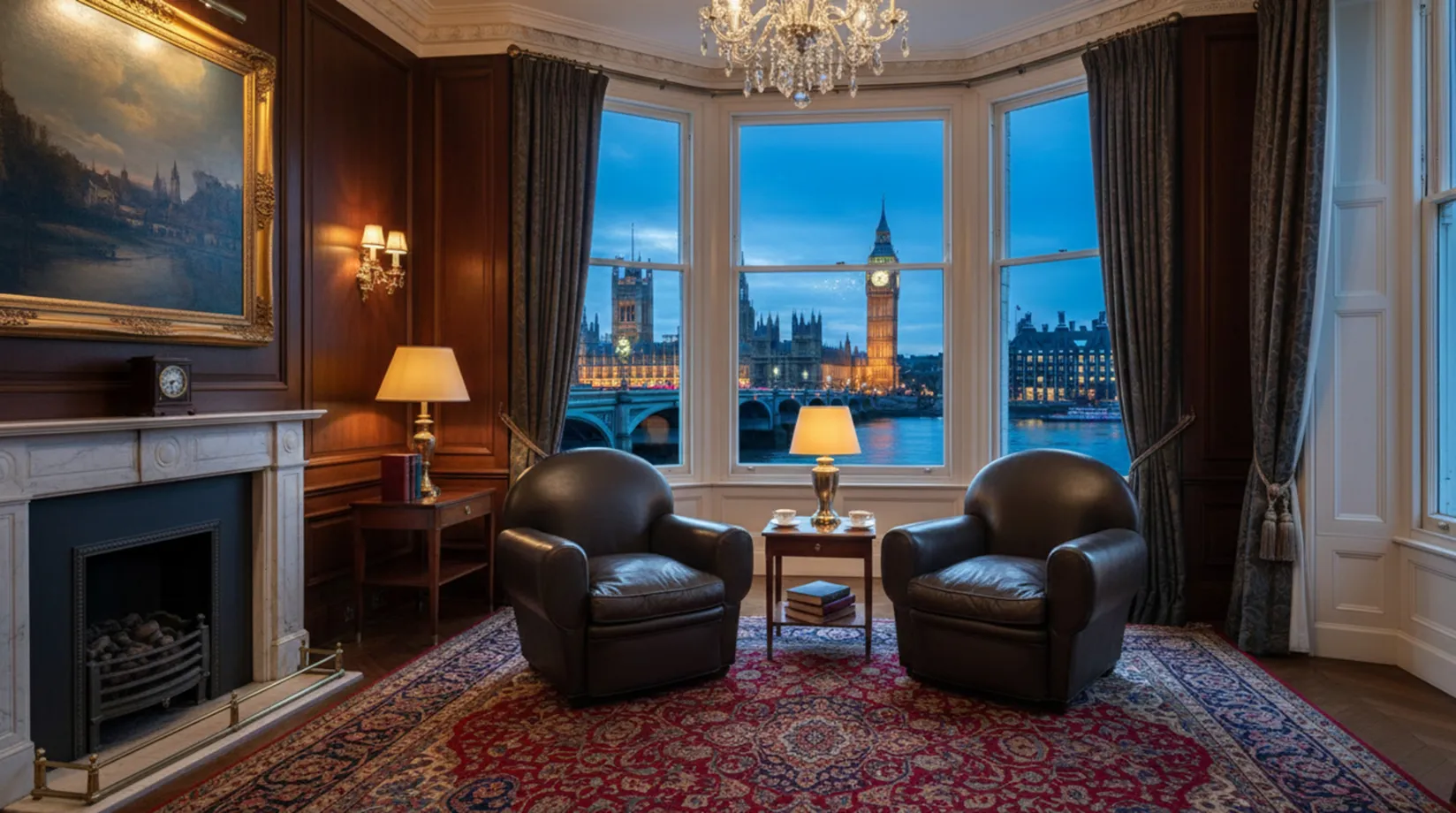 Deux fauteuils classiques dans une pièce ancienne avec vue sur Londres, décorés avec des rideaux et des lampes.