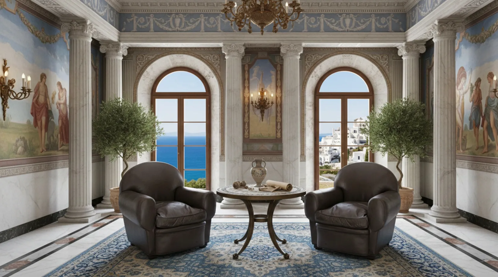 duas poltronas antigas para serem restauradas em uma sala elegante com vista para o mar