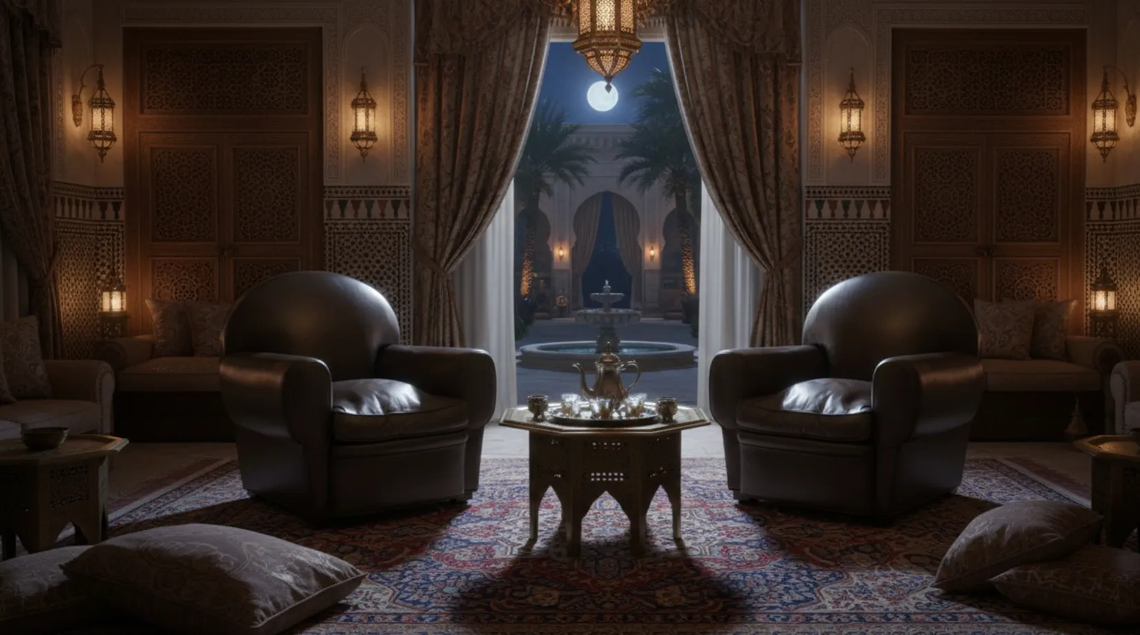 Deux fauteuils anciens dans un cadre accueillant avec un éclairage doux et des décorations élégantes.