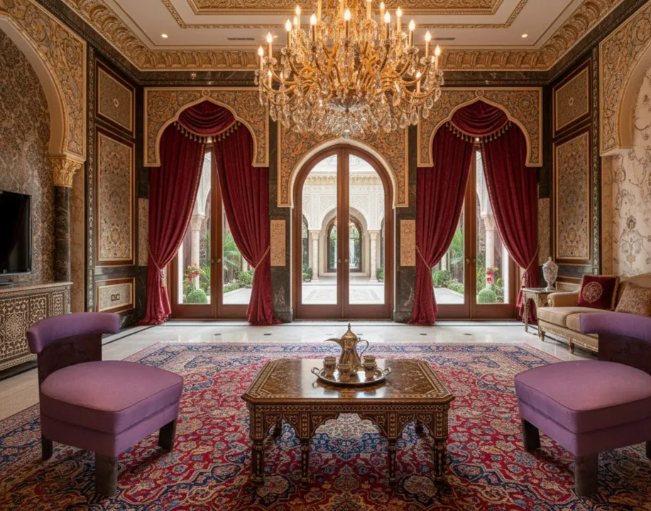 due poltrone viola in un lussuoso salone antico con ricca decorazione