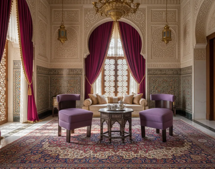 two purple antique armchairs in an elegant living room with purple curtains and a table