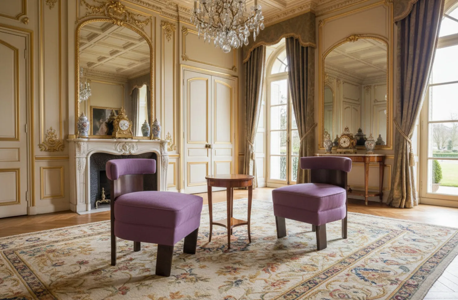 duas poltronas antigas roxas esperando para serem restauradas em um ambiente elegante.