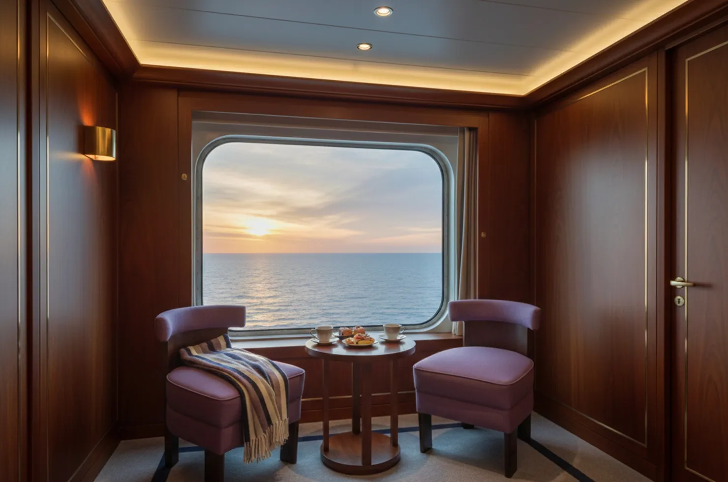 Два старинных кресла классического дизайна, расположенные рядом с окном с видом на море.