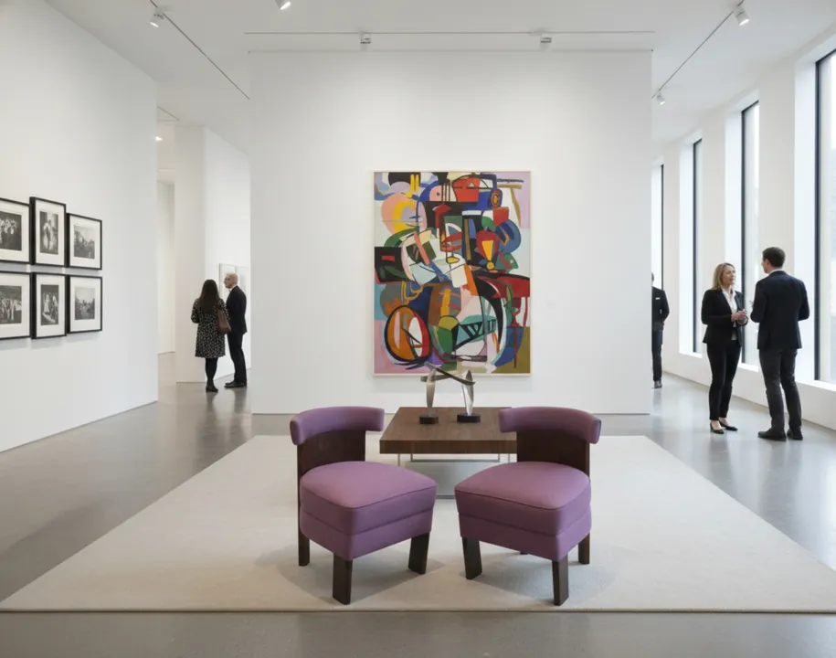 two antique purple armchairs to be restored, in a gallery with modern art and people chatting in the background.