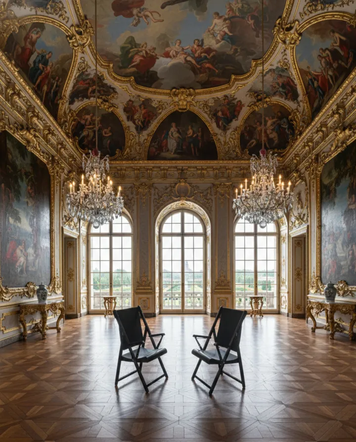 duas poltronas antigas para restaurar em uma sala elegante com candelabros