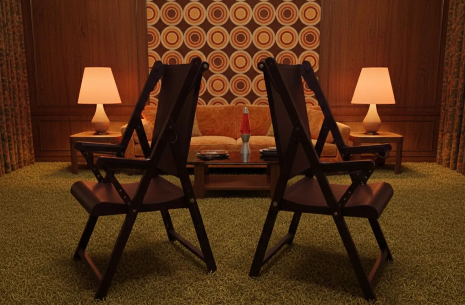 Dos sillones antiguos en una sala con decoración retro, luz suave.