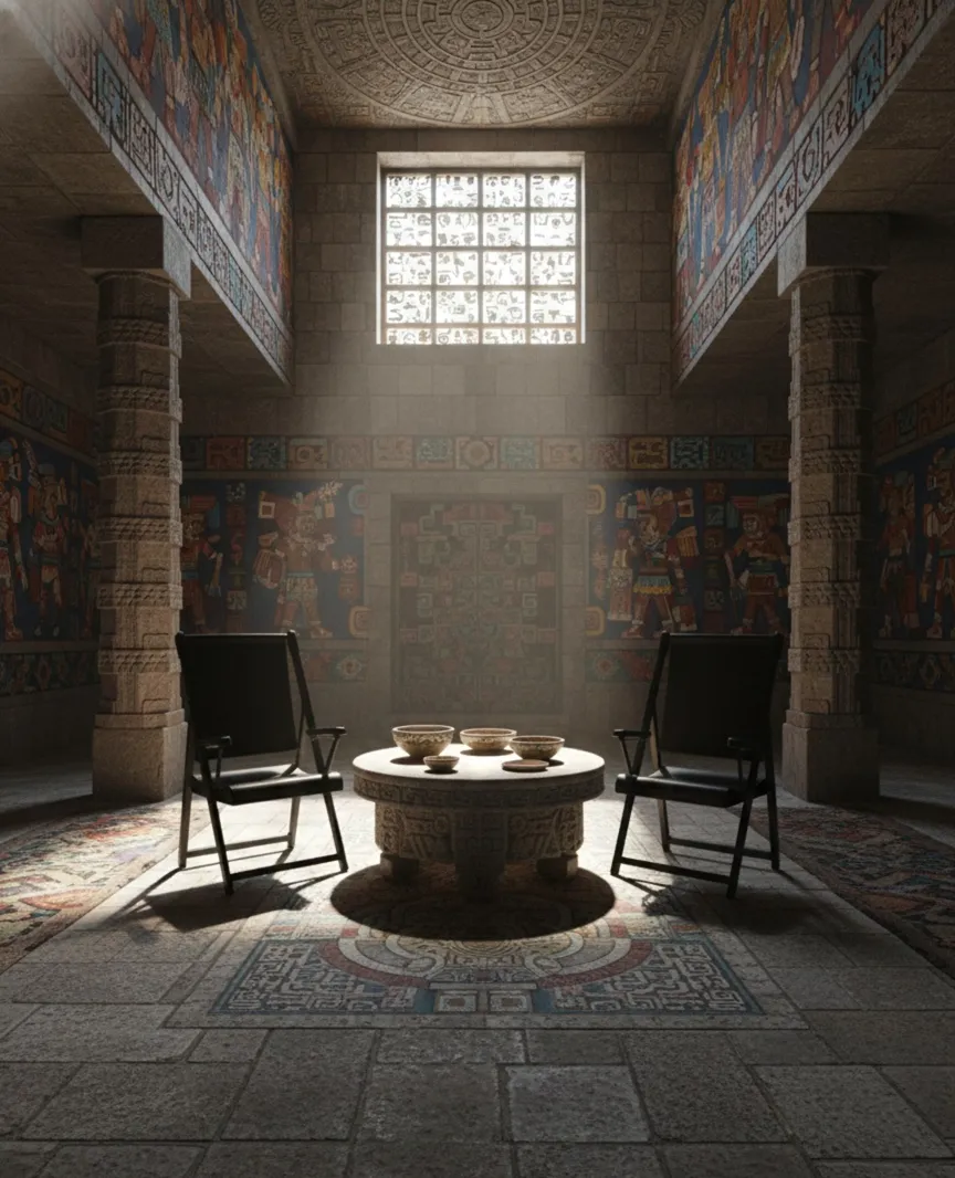 Vista de 2 sillones antiguos en un ambiente acogedor con mesas y decoración