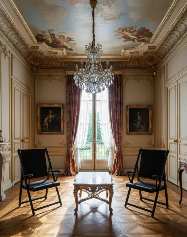 Deux fauteuils antiques dans le salon avec un lustre et des tableaux