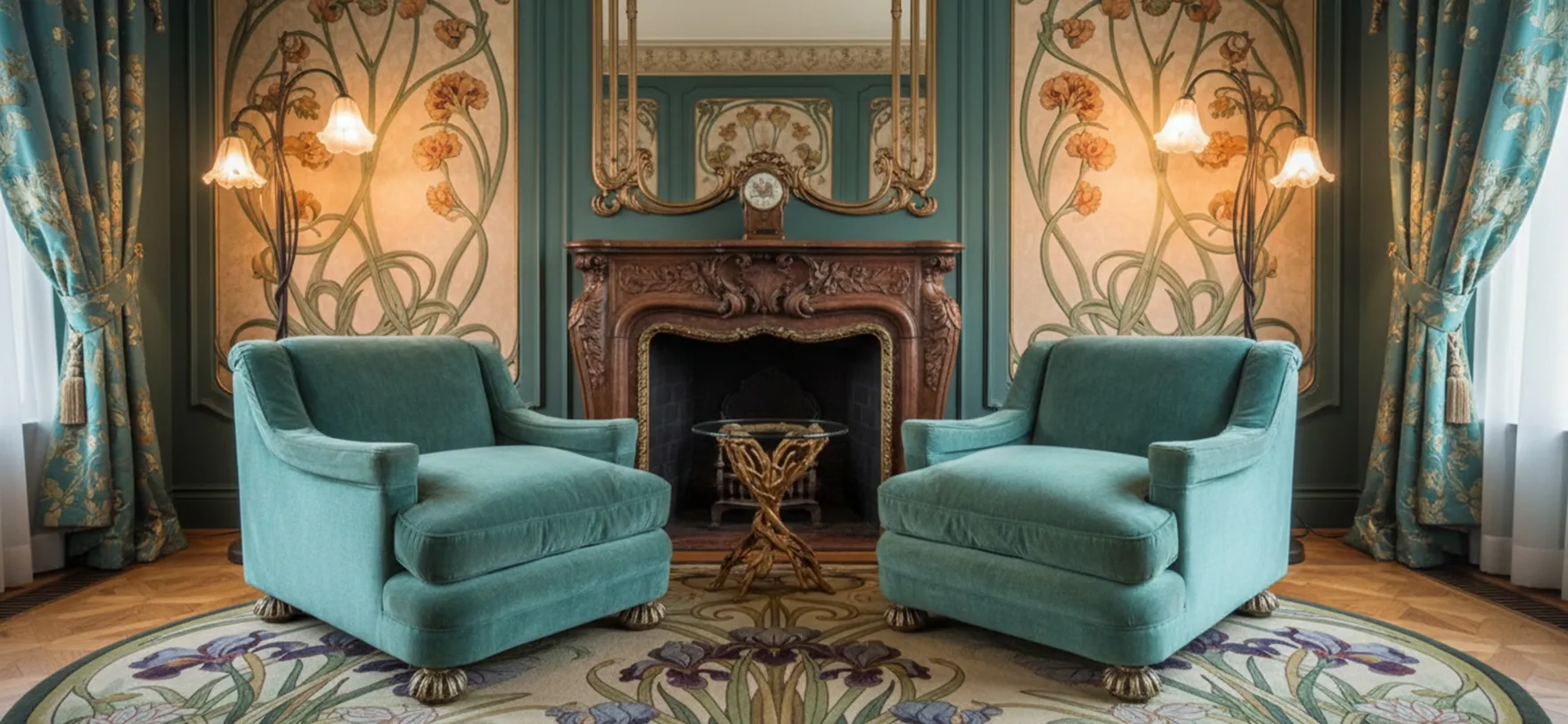 duas poltronas antigas em um ambiente elegante com cortinas e decoração