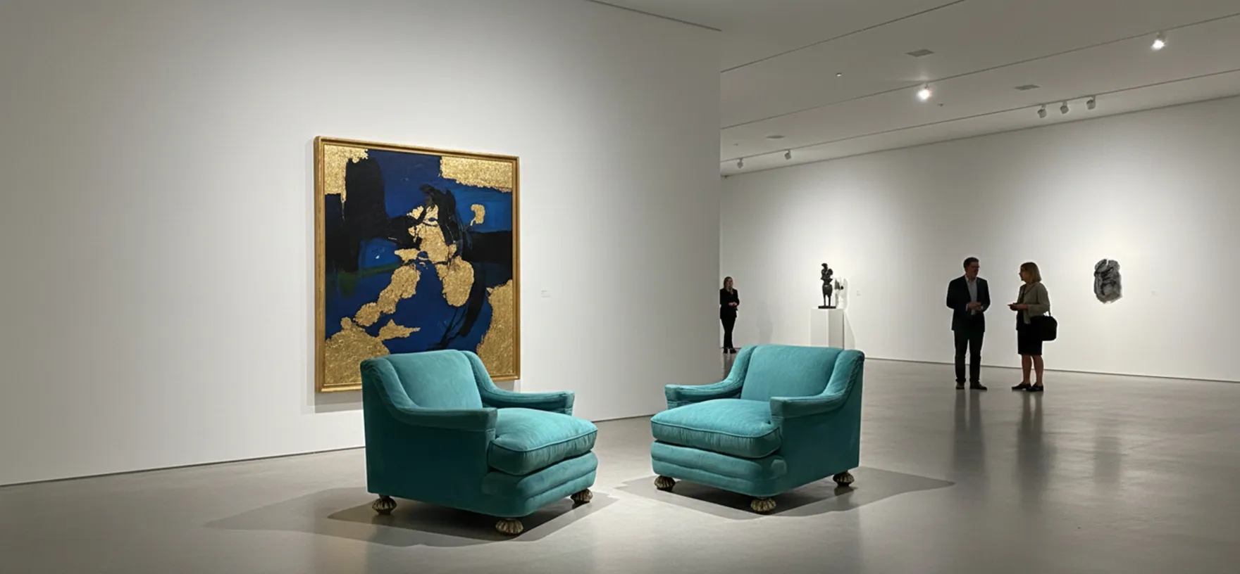 zwei antike Sessel in einer Ausstellung mit künstlerischem Hintergrund.