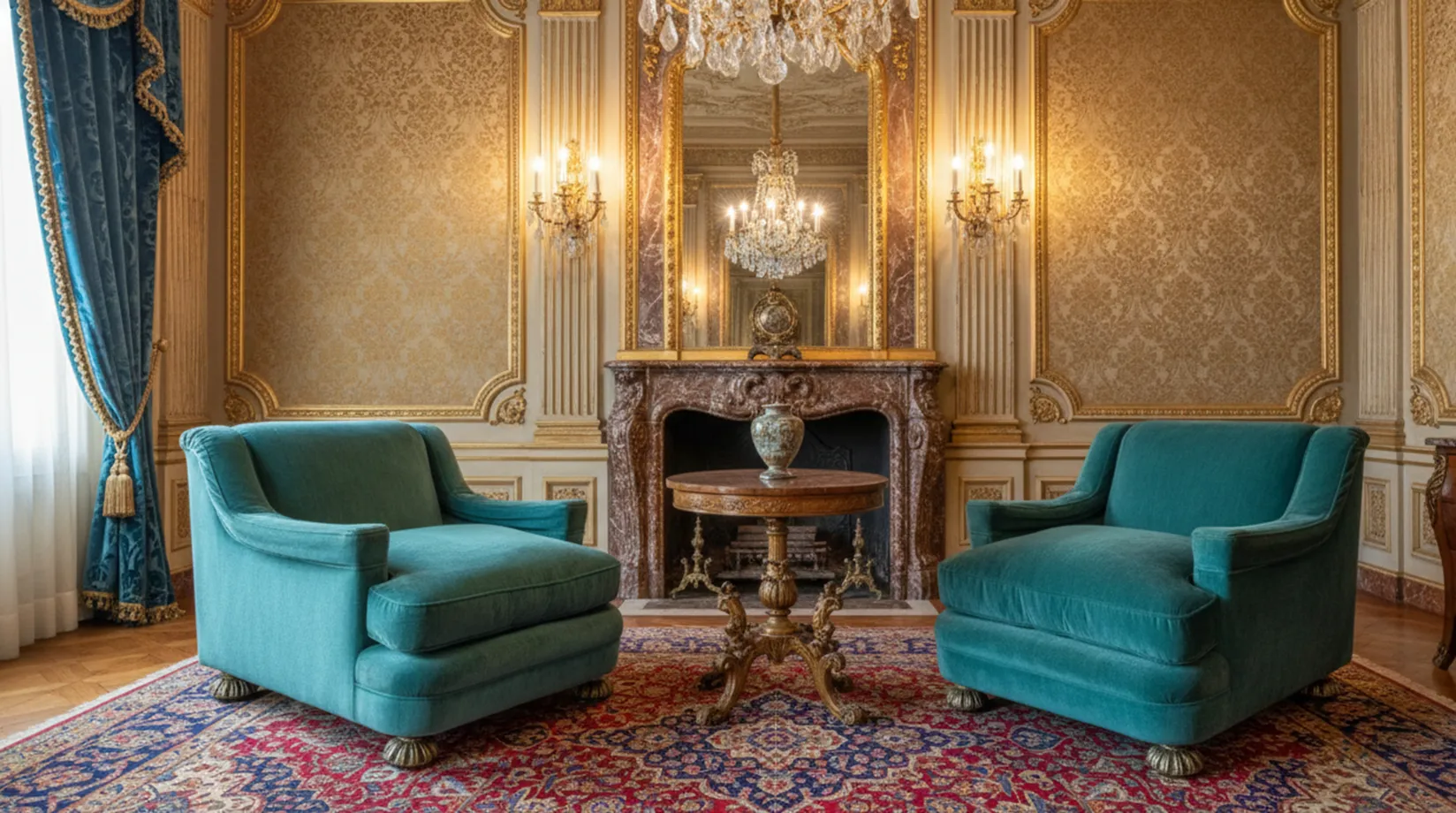 deux fauteuils anciens dans une pièce décorée de lustres et d'un miroir
