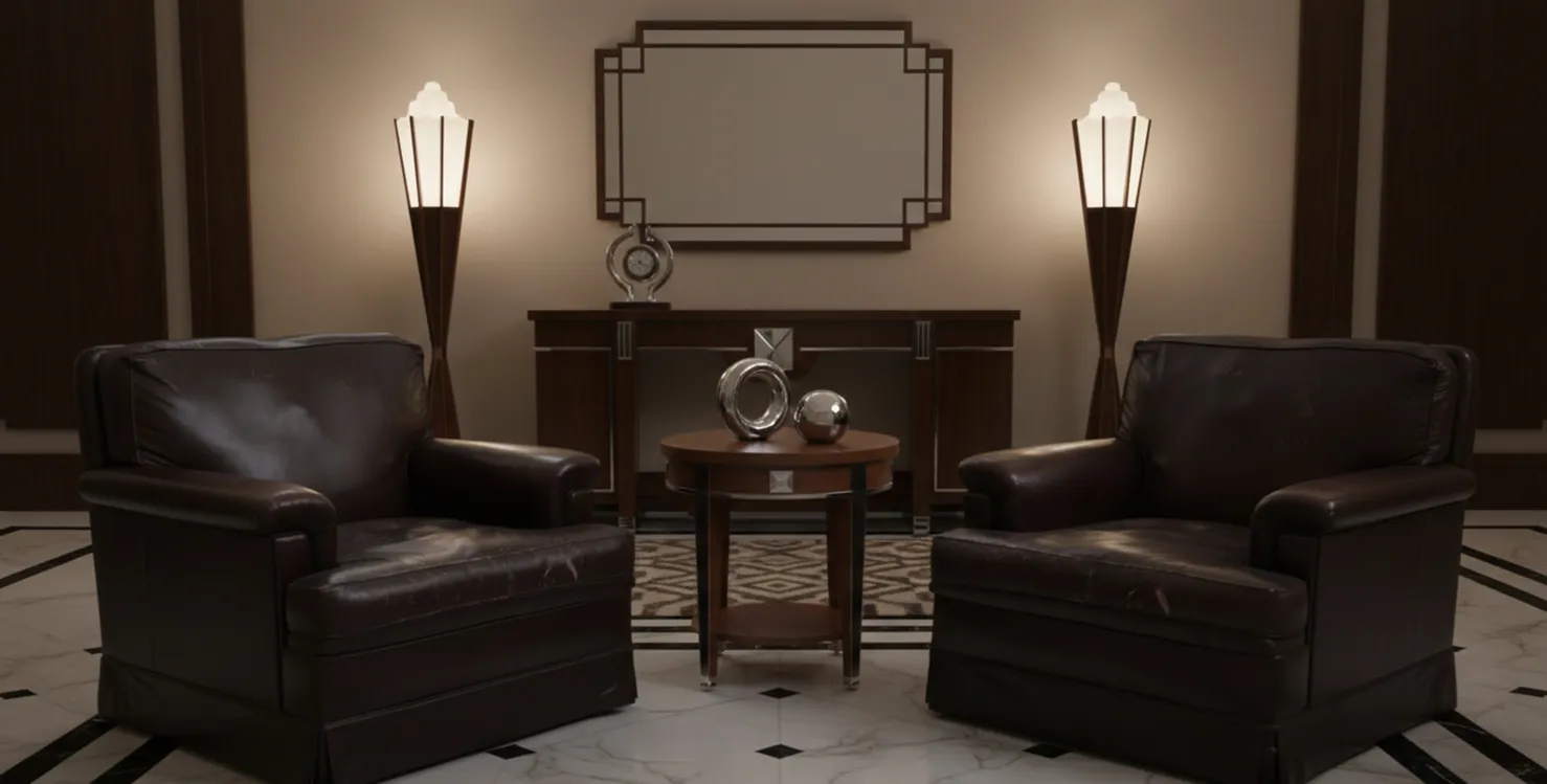 Dos sillones antiguos en una habitación elegante, con lámparas y mesa