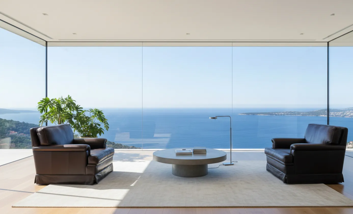 수리가 필요한 두 개의 고풍스러운 안락의자와 바다 전망