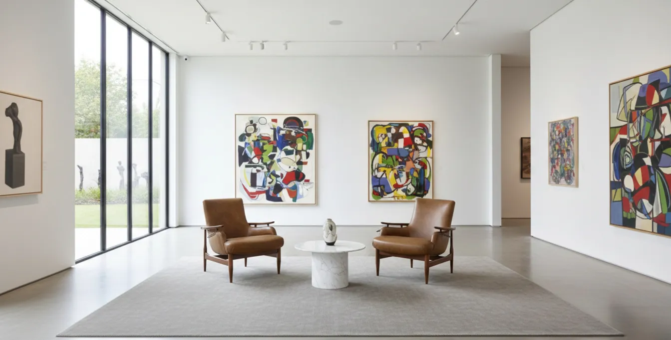 Two antique armchairs in a bright, modern gallery room.