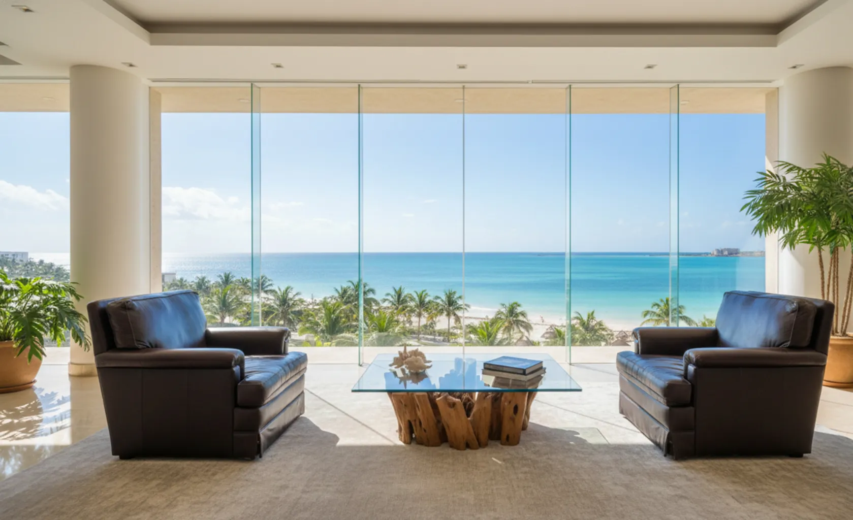 duas poltronas antigas em um ambiente iluminado com vista para o mar