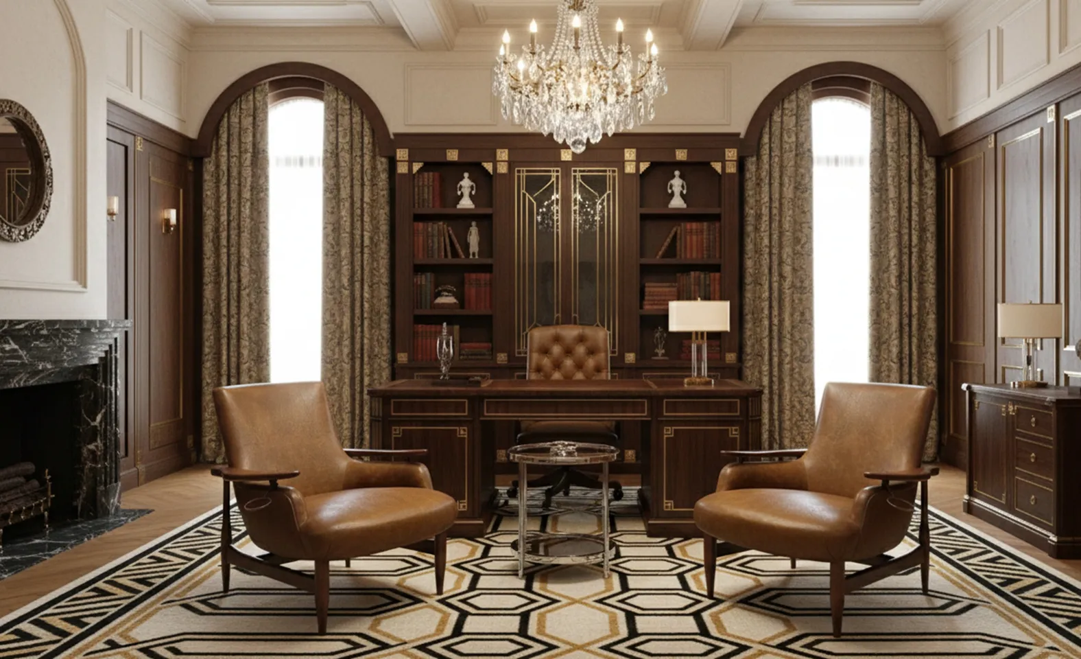 two antique armchairs with elegant design in a classic office setting.