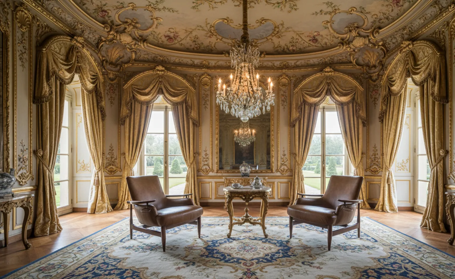 Dos sillones antiguos para restaurar en un entorno elegante con un chandelier.