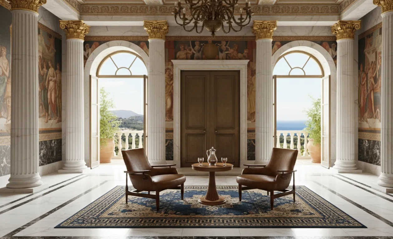 Antique armchairs to be restored, elegant space with columns and classic decor.