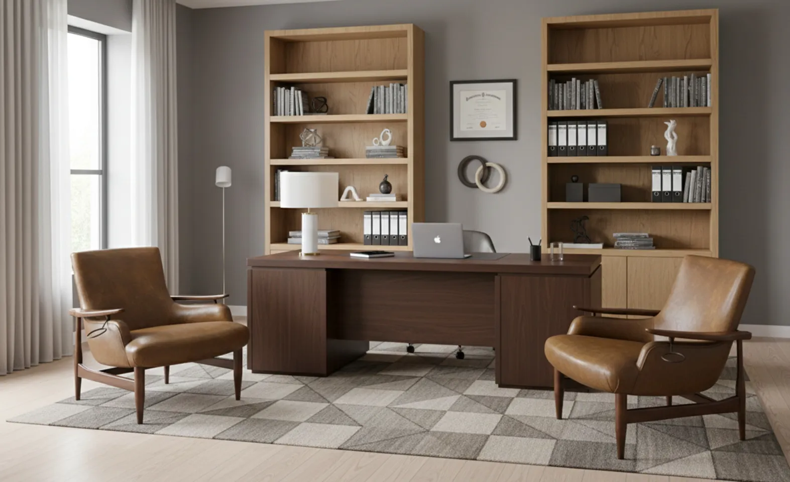 Zwei antike Sessel mit elegantem Design, die in einem modernen Büroumfeld restauriert werden müssen.