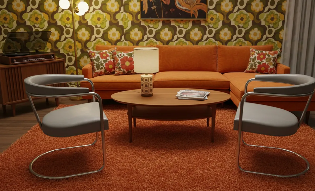 Zwei antike Sessel in einer Retro-Umgebung mit einem ovalen Tisch und einer Lampe.