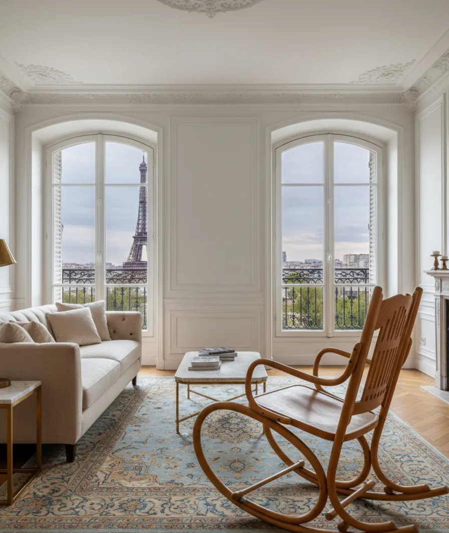 sillon hamaca antiguo en una sala luminosa con una vista de paris