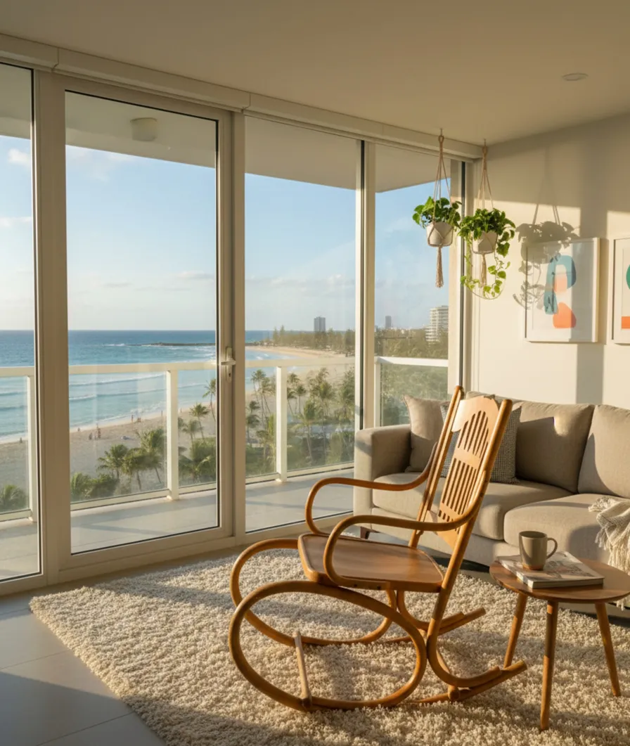 كرسى هزاز قديم في غرفة تطل على البحر