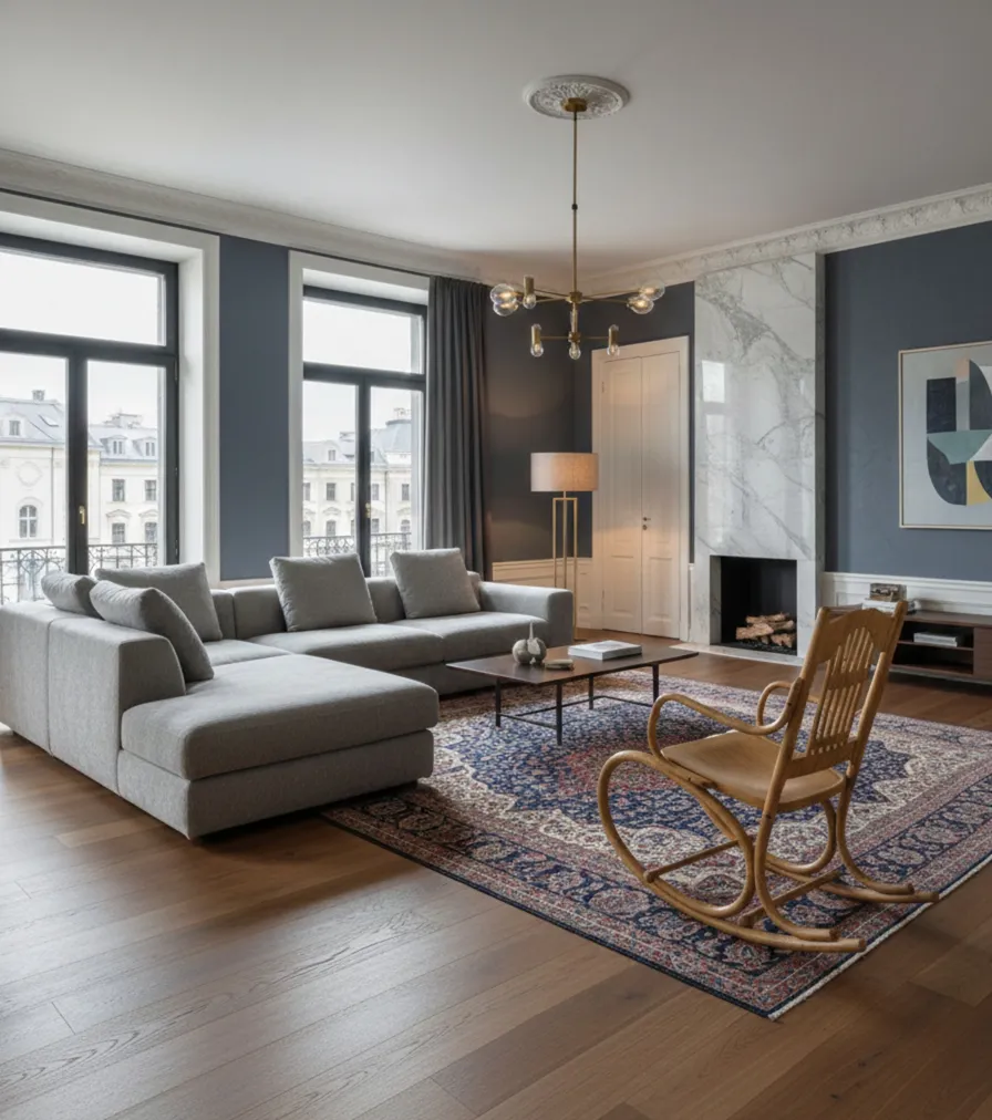 Chaise hamac ancienne Lorenz Thonet dans un salon moderne