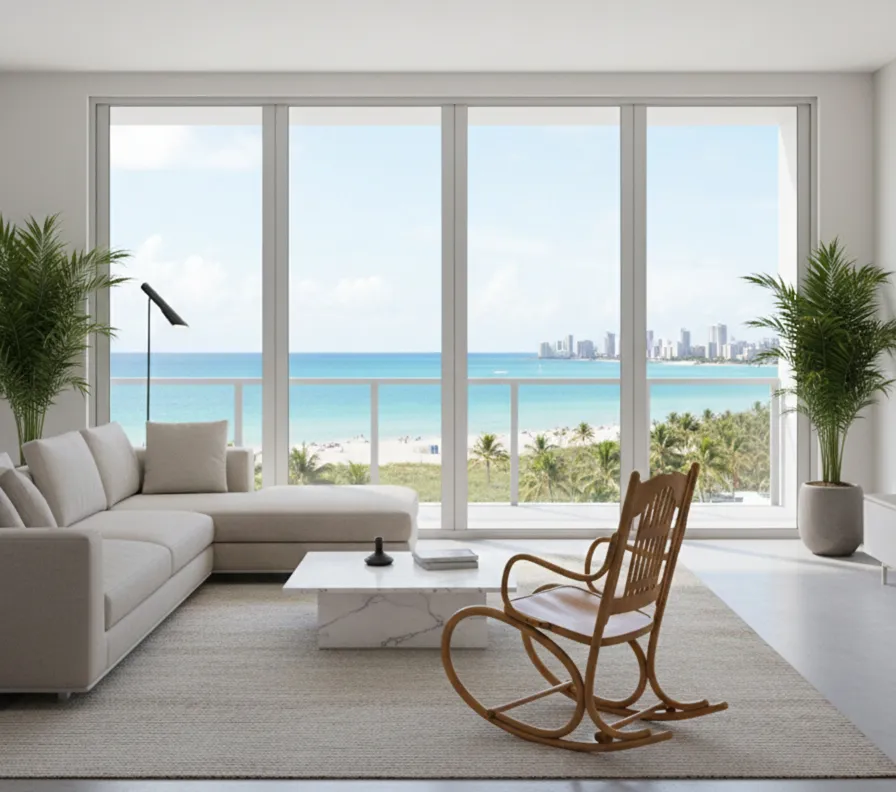 Sedia amaca antica di Lorenz Thonet con vista sul mare.