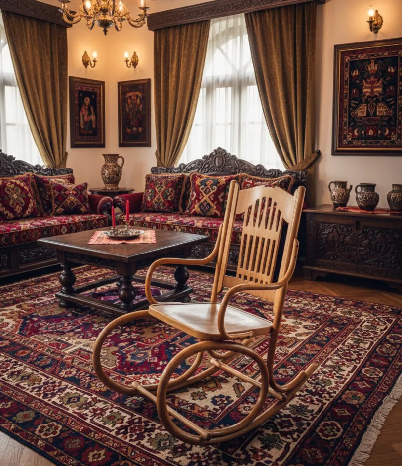 Sillón hamaca antiguo Lorenz Thonet en una sala elegante con decoraciones ricas.