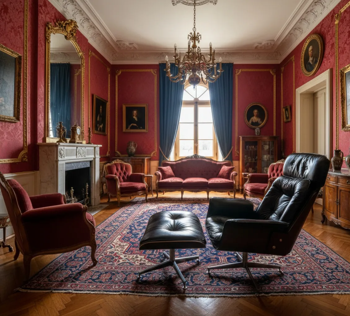 Poltrona antiga na sala elegante com decoração vermelha, precisa de restauração.