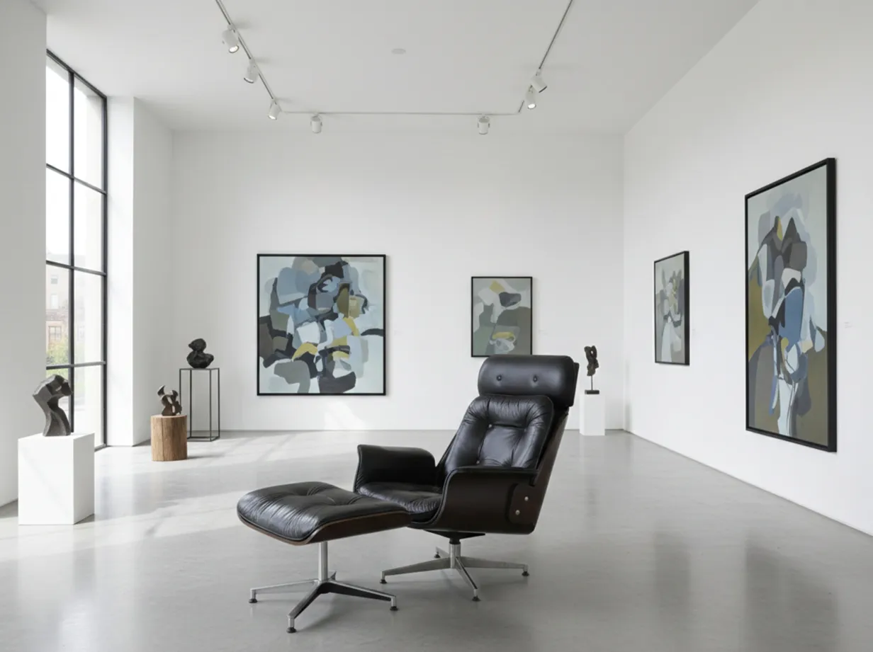 Poltrona antiga Herman Miller em um espaço de galeria moderno