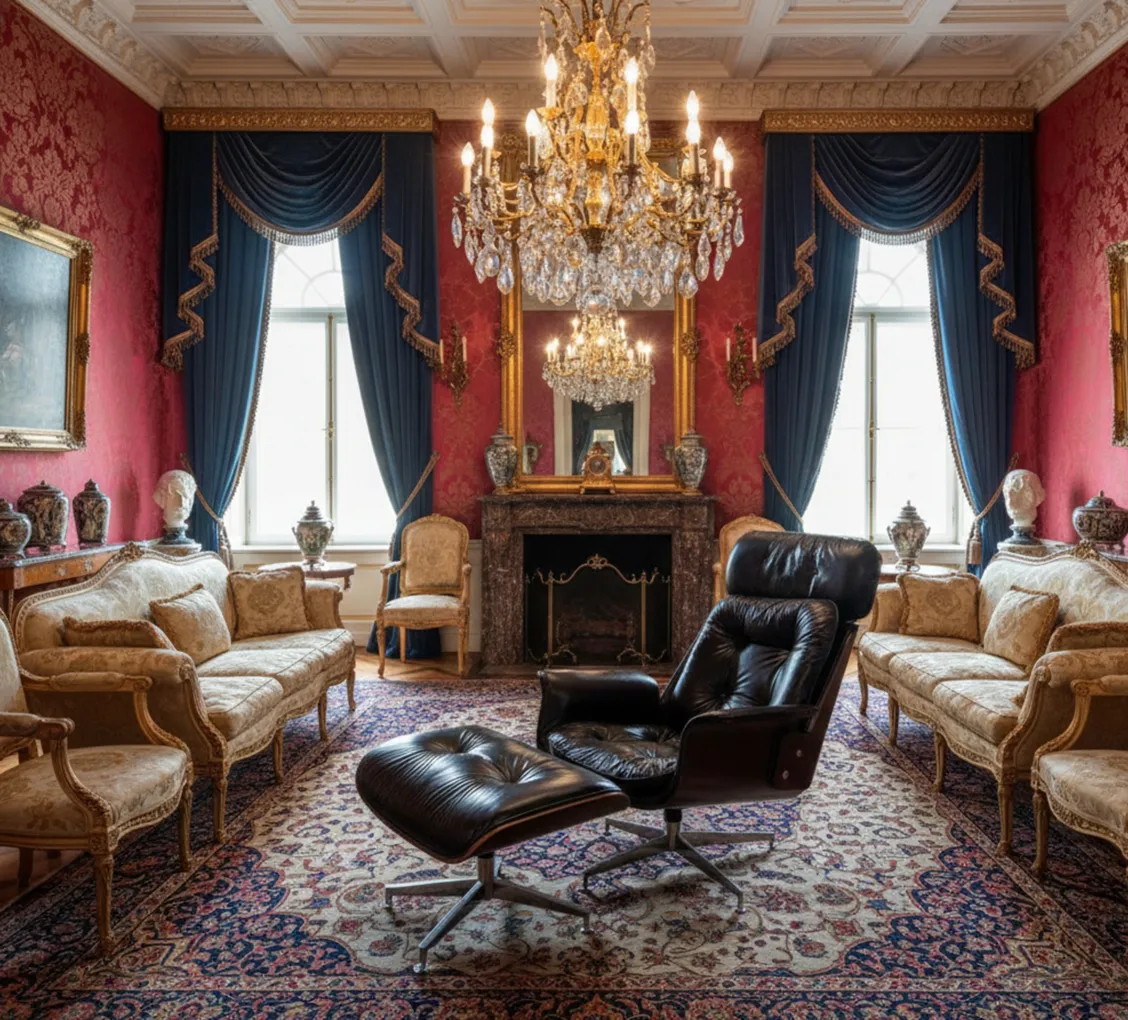 poltrona antiga preta de Herman Miller em um ambiente luxuoso