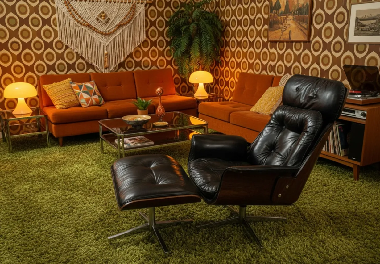 Black Herman Miller armchair with footrest, in a vintage setting, retro decor.