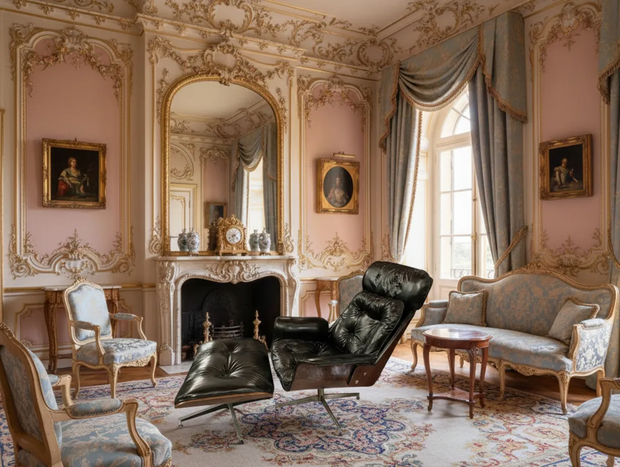 Poltrona antiga para ser restaurada em uma sala elegante com decoração detalhada.