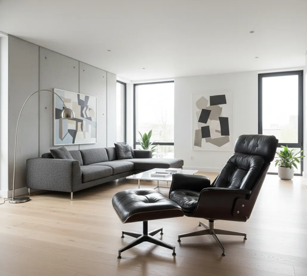 Sillón antiguo de Herman Miller que necesita restauración, en un entorno moderno y luminoso.