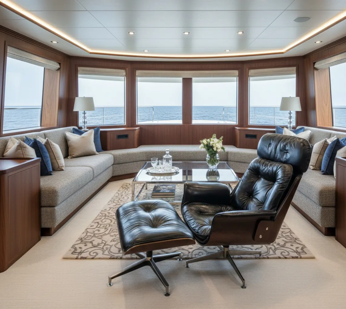 Antikes Herman Miller-Sessel, der restauriert werden muss, in einem hellen Raum neben einem Sofa.