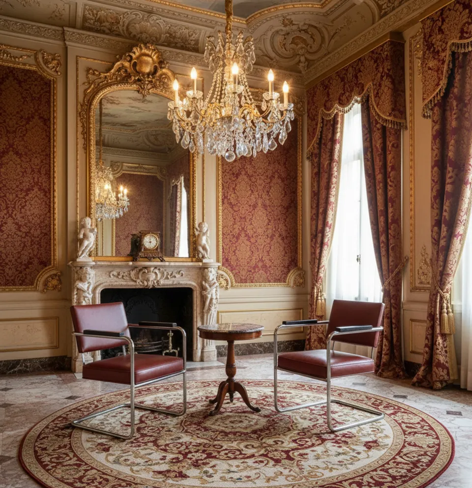 due poltrone antiche in una stanza elegante con lampadario