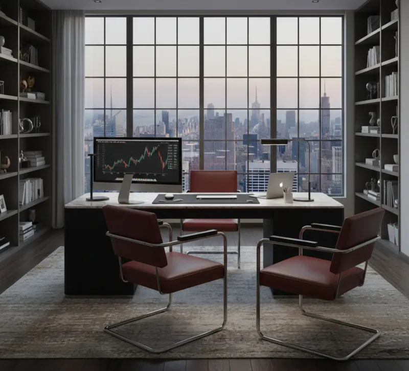 Duas poltronas antigas em um escritório moderno com vista