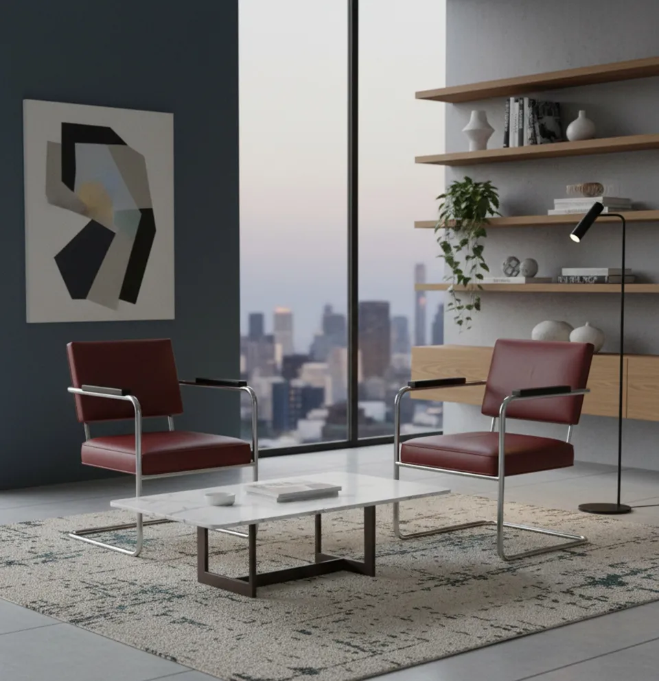 Two antique armchairs with minimalist design and low backrest in a modern setting.