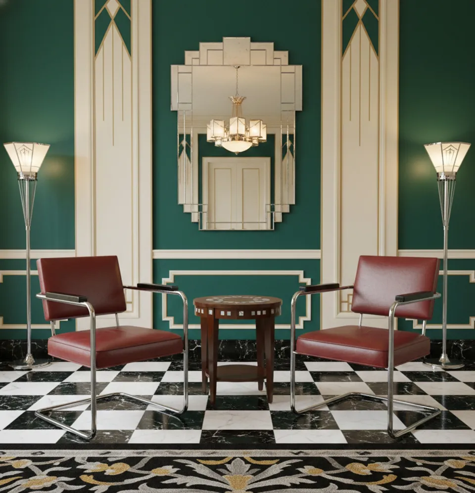 Dos sillones antiguos para restaurar en un ambiente eleganto con un espejo y lámparas