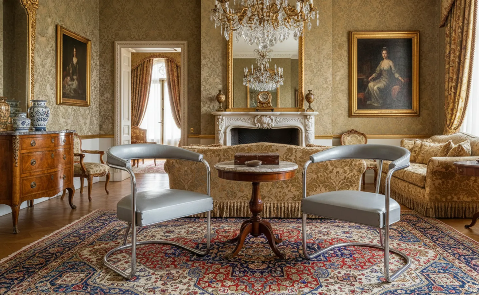 dos sillones antiguos en un ambiente elegante con detalles ornamentales