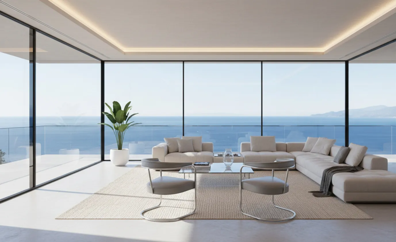 Two antique armchairs in a bright room with ocean view