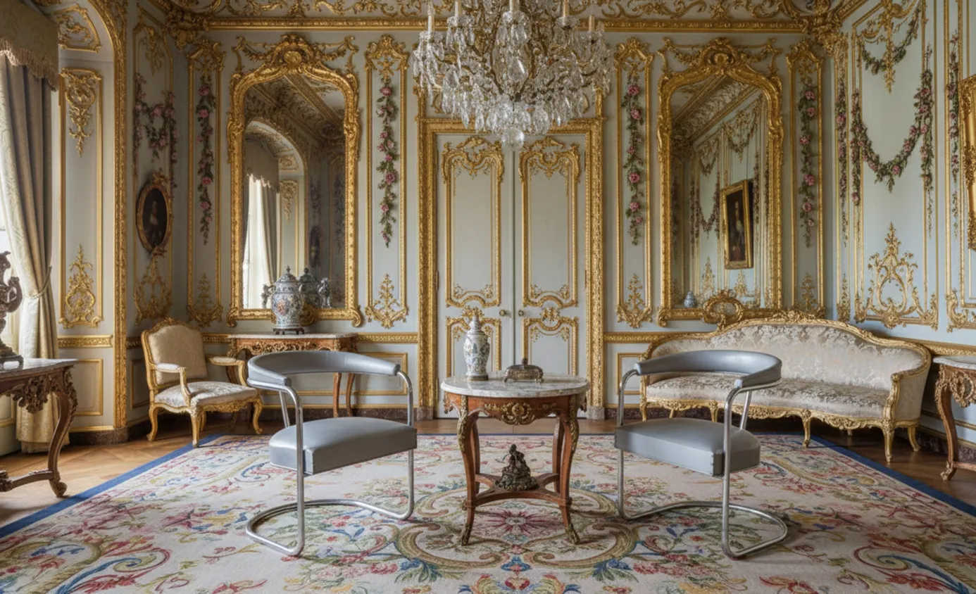 duas poltronas antigas em um elegante salão com espelho e candelabro