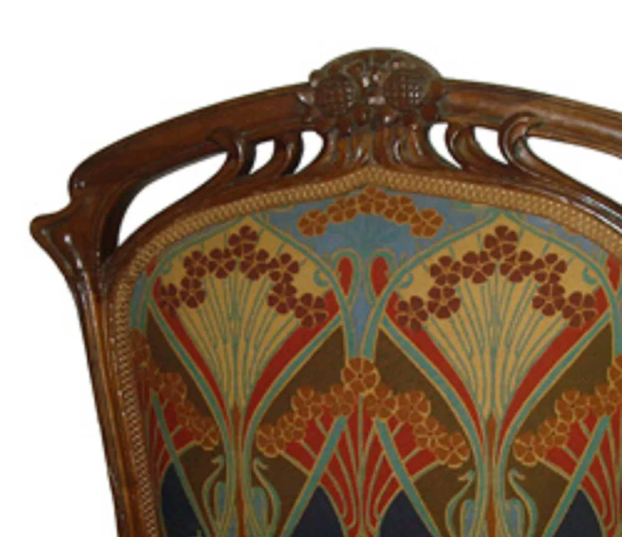 Antique chair with vibrant colors and floral designs, perfect for any elegant environment.