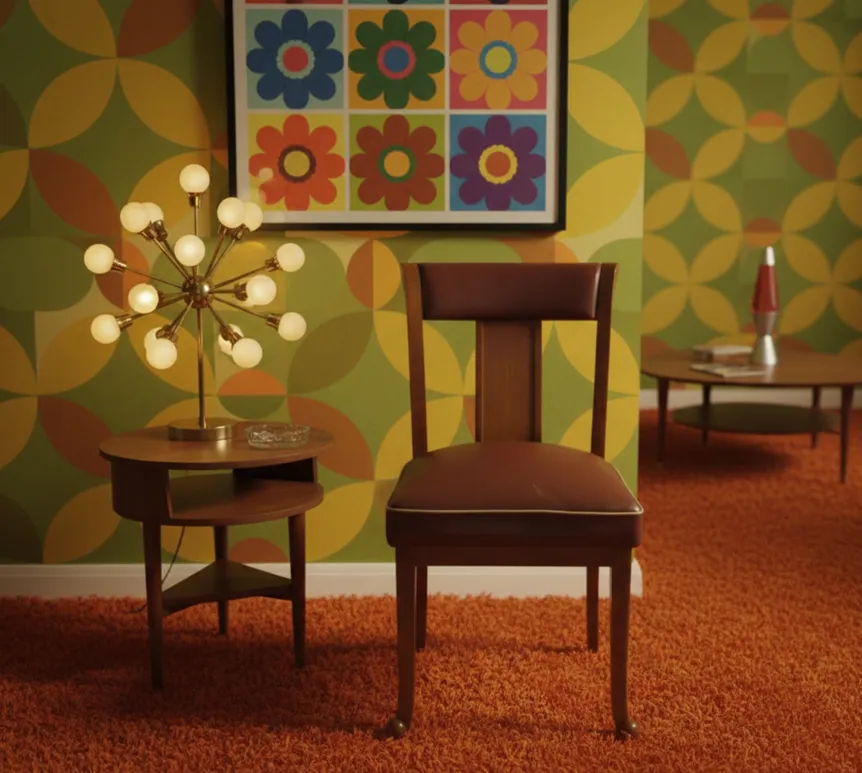 silla antigua de color marrón en un entorno retro decorado con flores